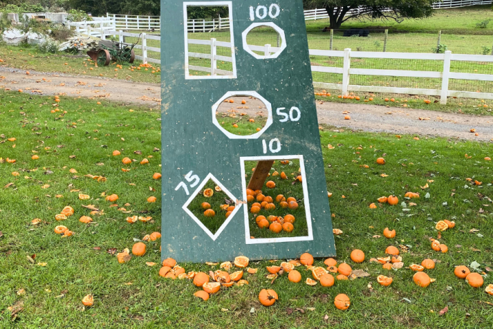 a sign on top of a grass covered field