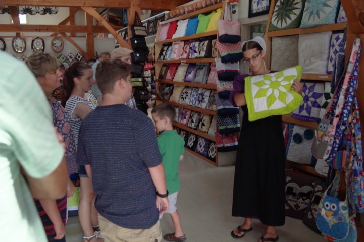 Person showing quilt to group of people in a shop with bags and quilts on display.