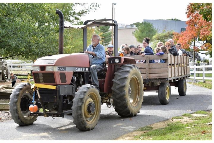 A man drives a tractor pulling a wagon with people on a farm.